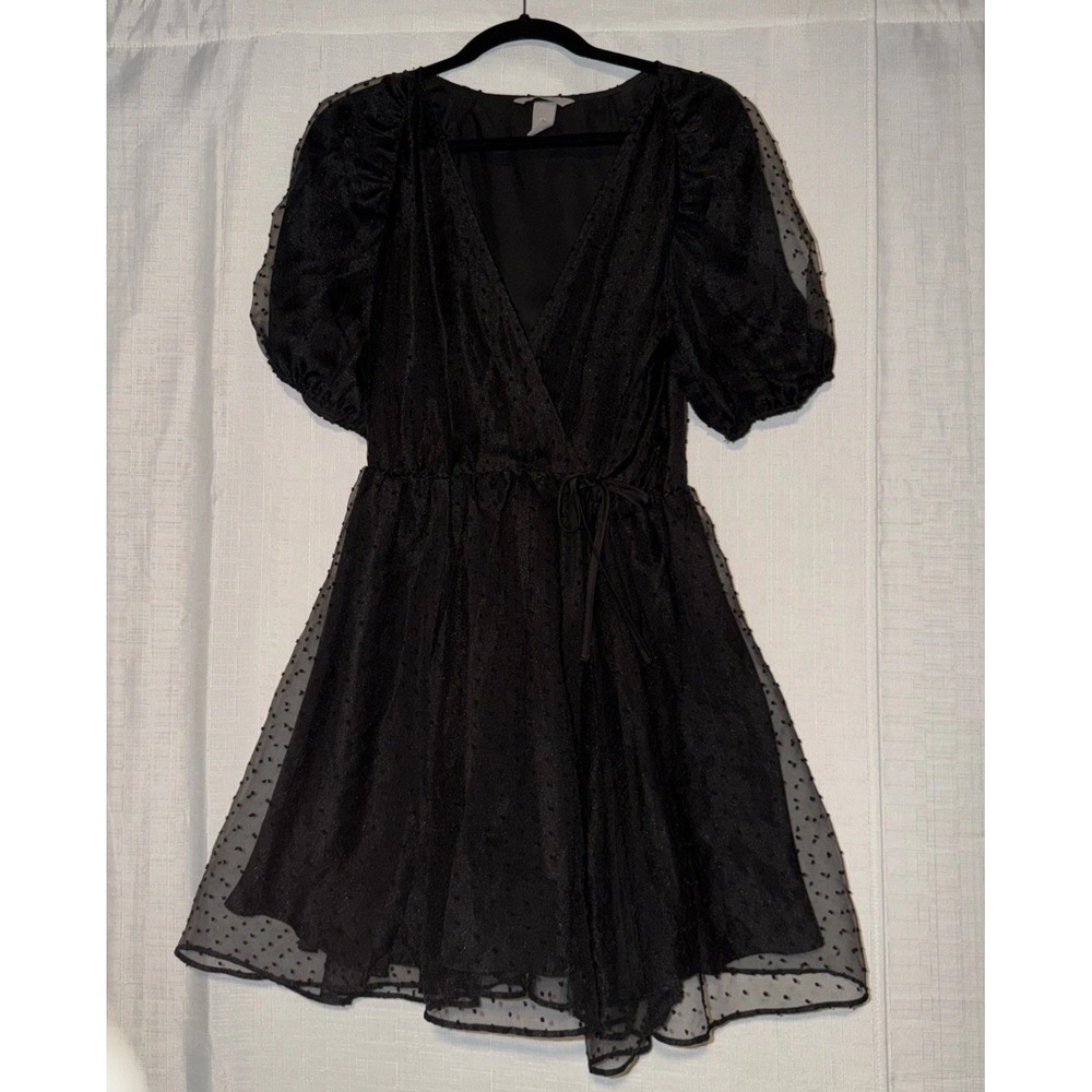 H&M Polka Dot Wrap Mini Dress Black Medium Sheer Overlay Puff Sleeve Hoco